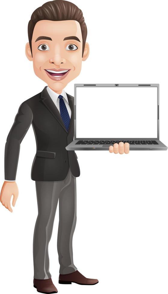 caricatura, feliz, joven, hombre de negocios, tenencia, un, computador portatil vector