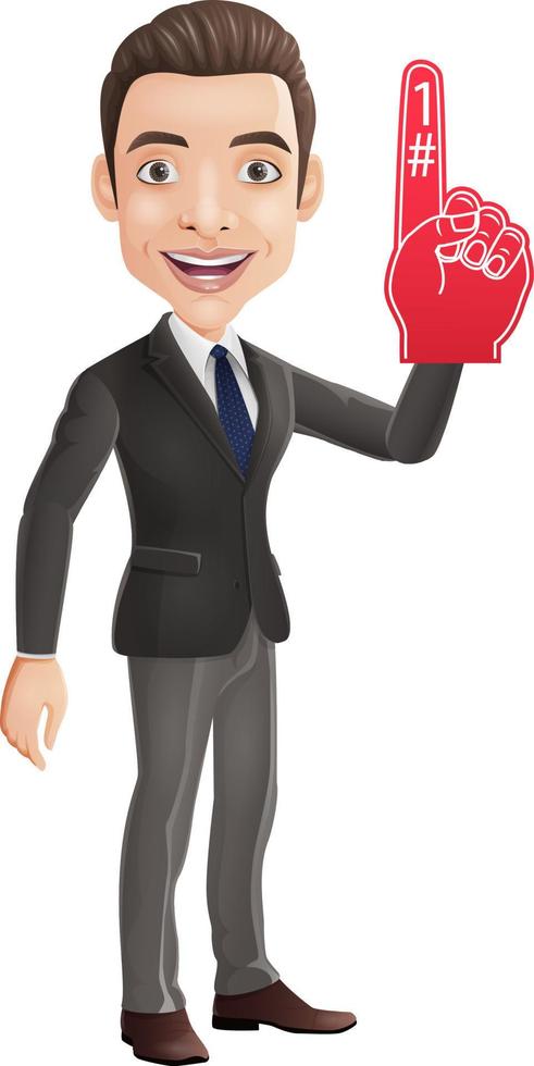 Happy businessman showing number one with foam finger vector