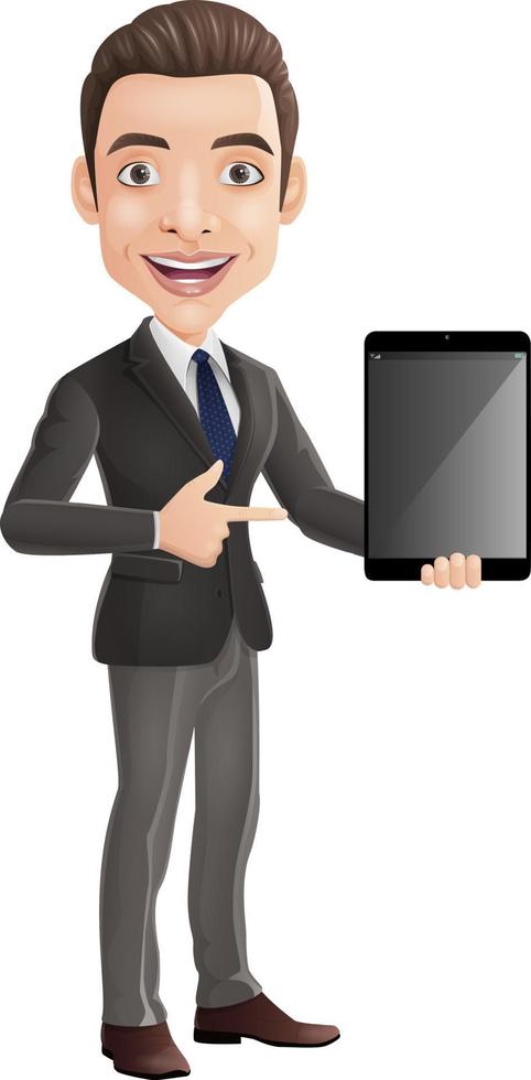 Cartoon happy young businessman holding a tablet vector