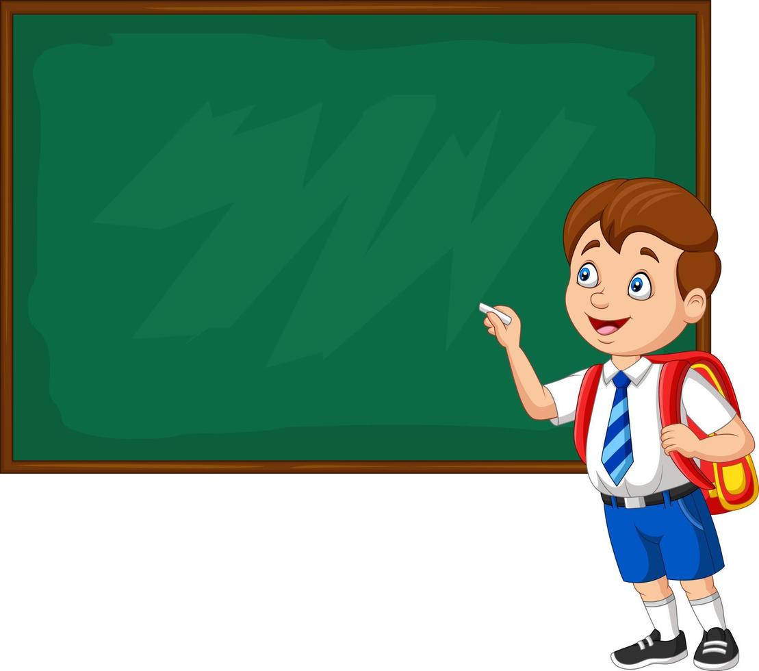 Cartoon school boy in uniform writing on the blackboard vector