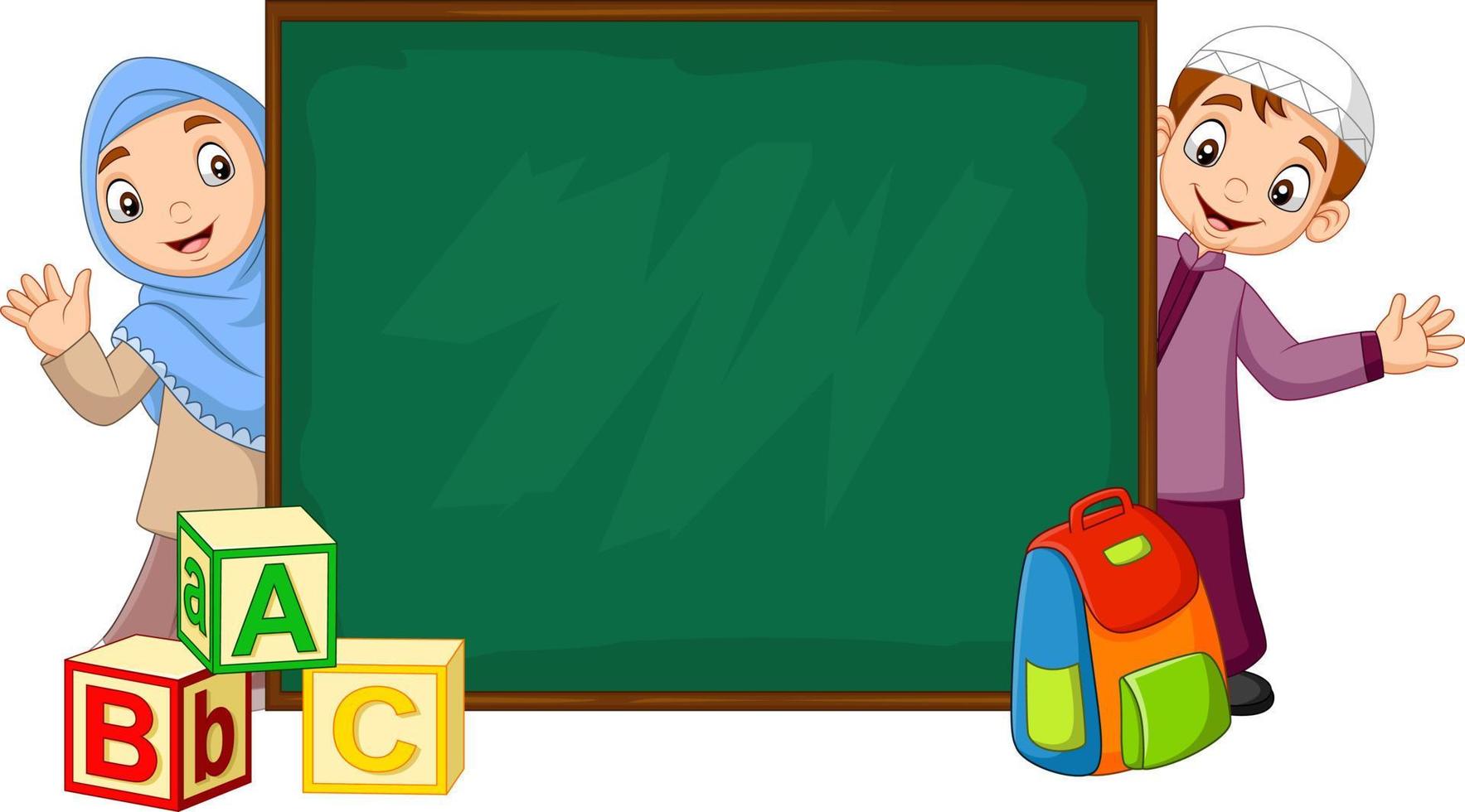 Cartoon Muslim kids with chalkboard vector