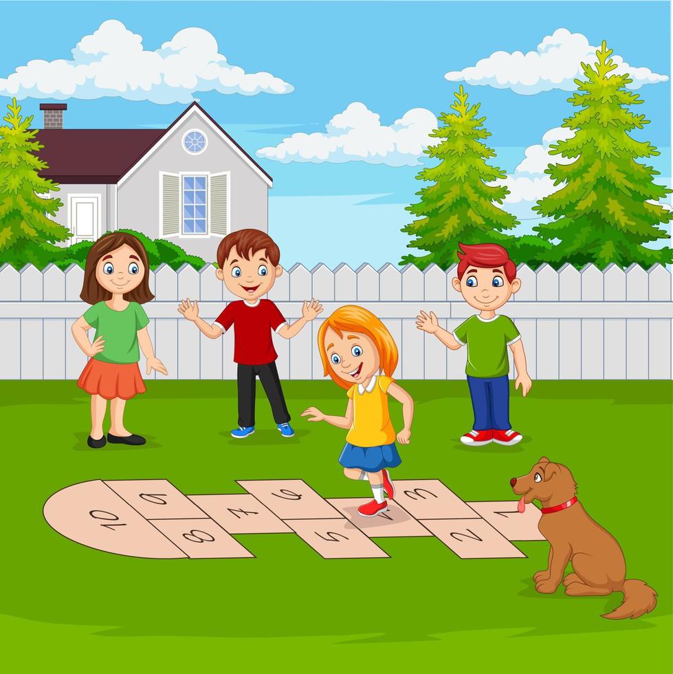 Children playing hopscotch in the park vector