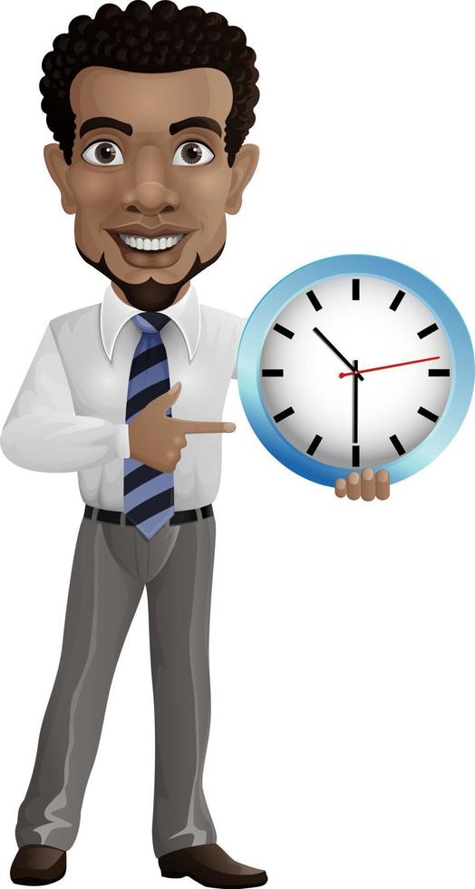 Cartoon businessman holding and pointing a wall clock vector