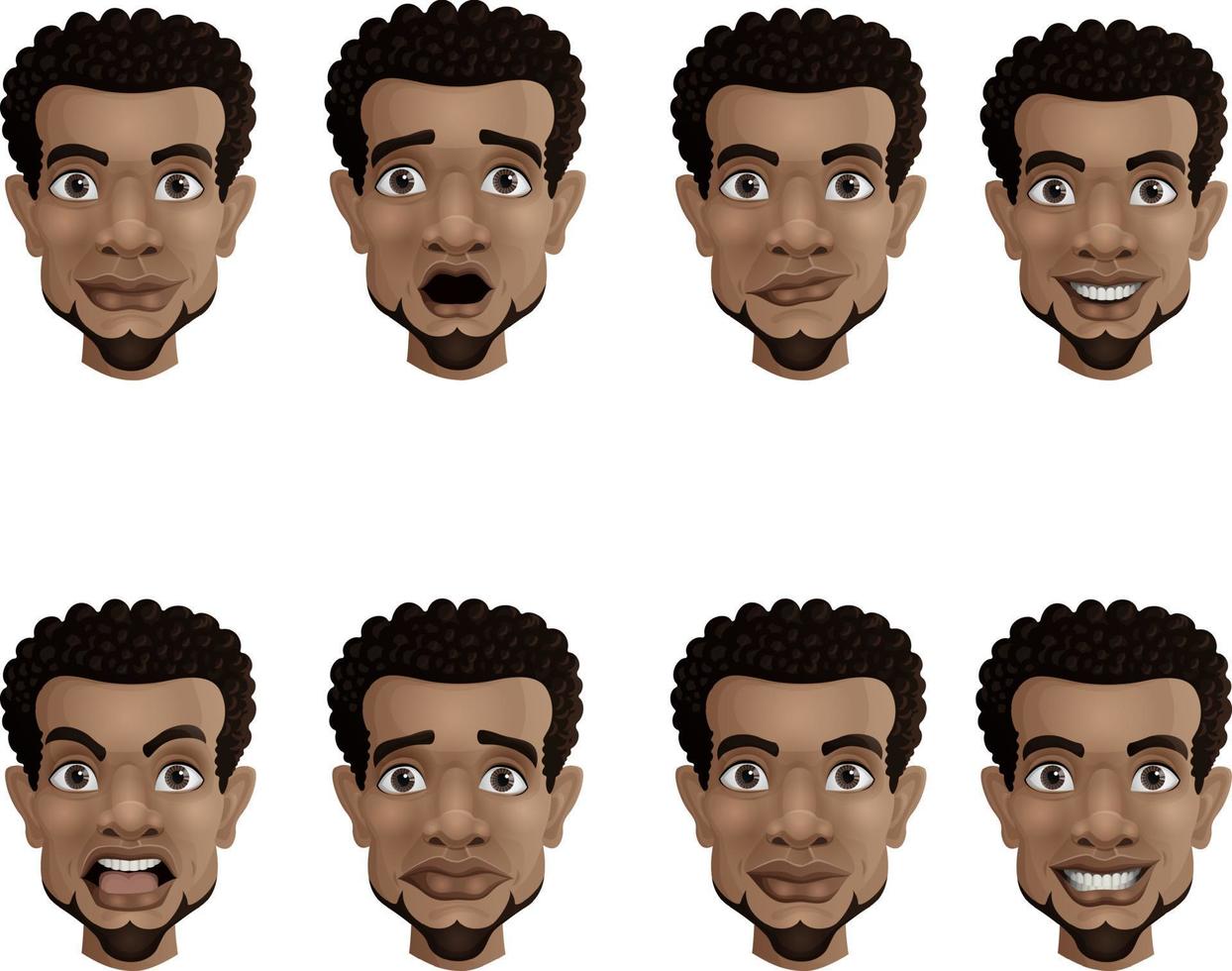 conjunto de emociones faciales masculinas. hombre de negocios afroamericano negro con diferentes expresiones faciales vector