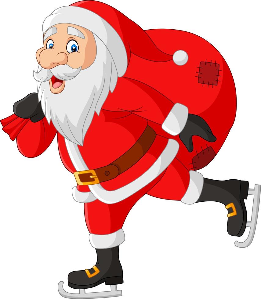 Cartoon santa claus skater carrying a bag of gifts vector