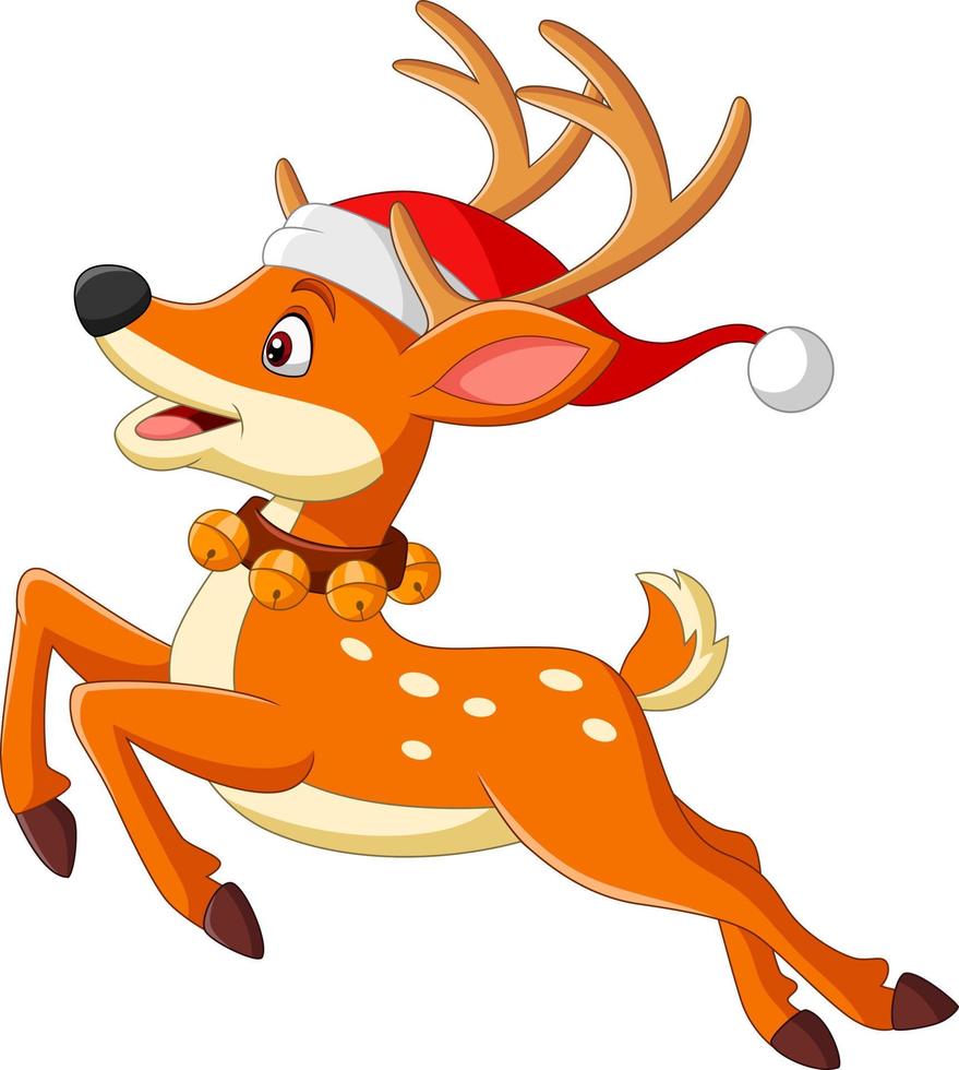 Cartoon deer in a santa hat jumping vector