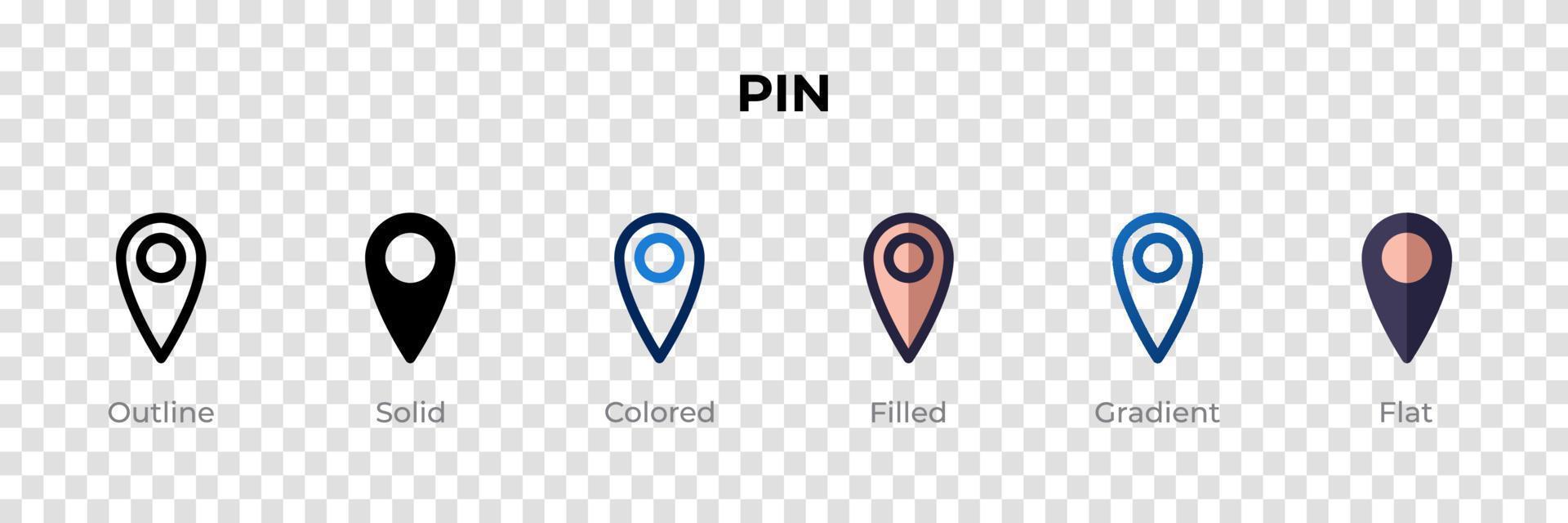 Pin icon in different style. Pin vector icons designed in outline, solid, colored, filled, gradient, and flat style. Symbol, logo illustration. Vector illustration