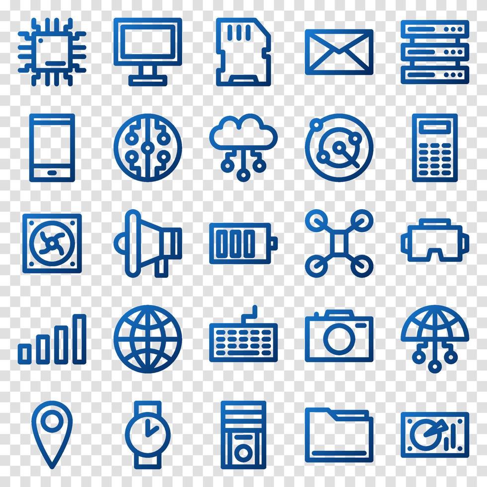 conjunto de 25 iconos web de dispositivo y tecnología en estilo degradado. industria 4.0 concepto fábrica del futuro. iconos de gradiente de colección de tecnología. ilustración vectorial vector