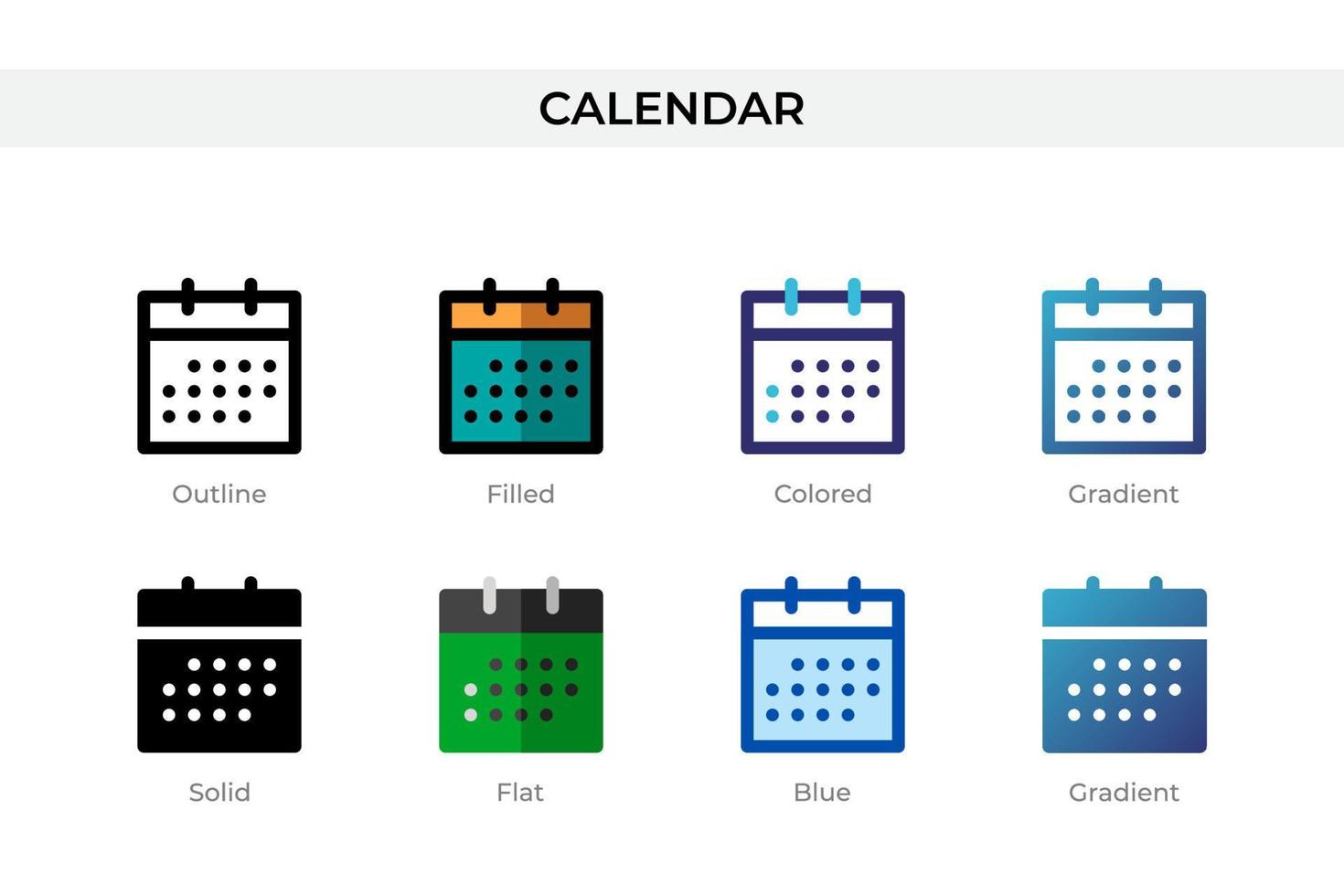 Calendar icon in different style. Calendar vector icons designed in outline, solid, colored, filled, gradient, and flat style. Symbol, logo illustration. Vector illustration