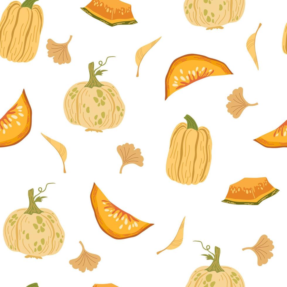 Pumpkins seamless pattern. Autumn, fall, thanksgiving and halloween decoration.  Pumpkin shapes with leaves, half and slices. Perfect for texture for fabric, textile, wrapping paper, wallpaper. Vector