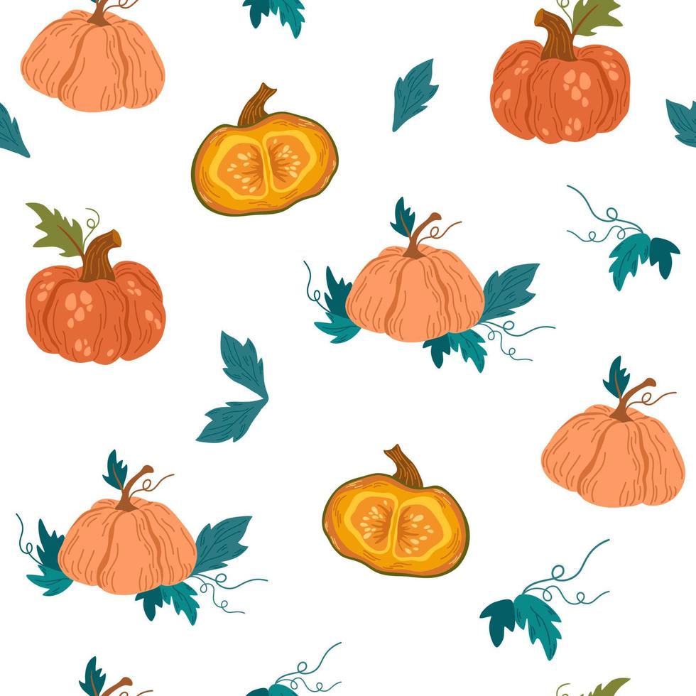 patrón sin costuras de calabazas. decoración de otoño, otoño, acción de gracias y halloween. formas de calabaza con hojas, medias y rodajas. perfecto para textura de tela, textil, papel de envolver, papel pintado. vector