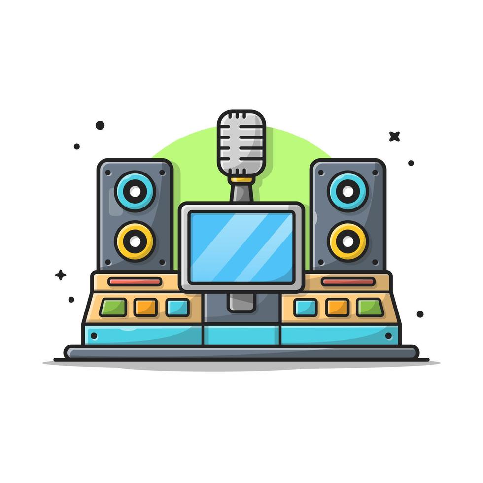 estudio moderno de la industria de grabación con ilustración de icono de vector de dibujos animados de altavoz y micrófono. tecnología arte icono concepto aislado premium vector. estilo de dibujos animados plana