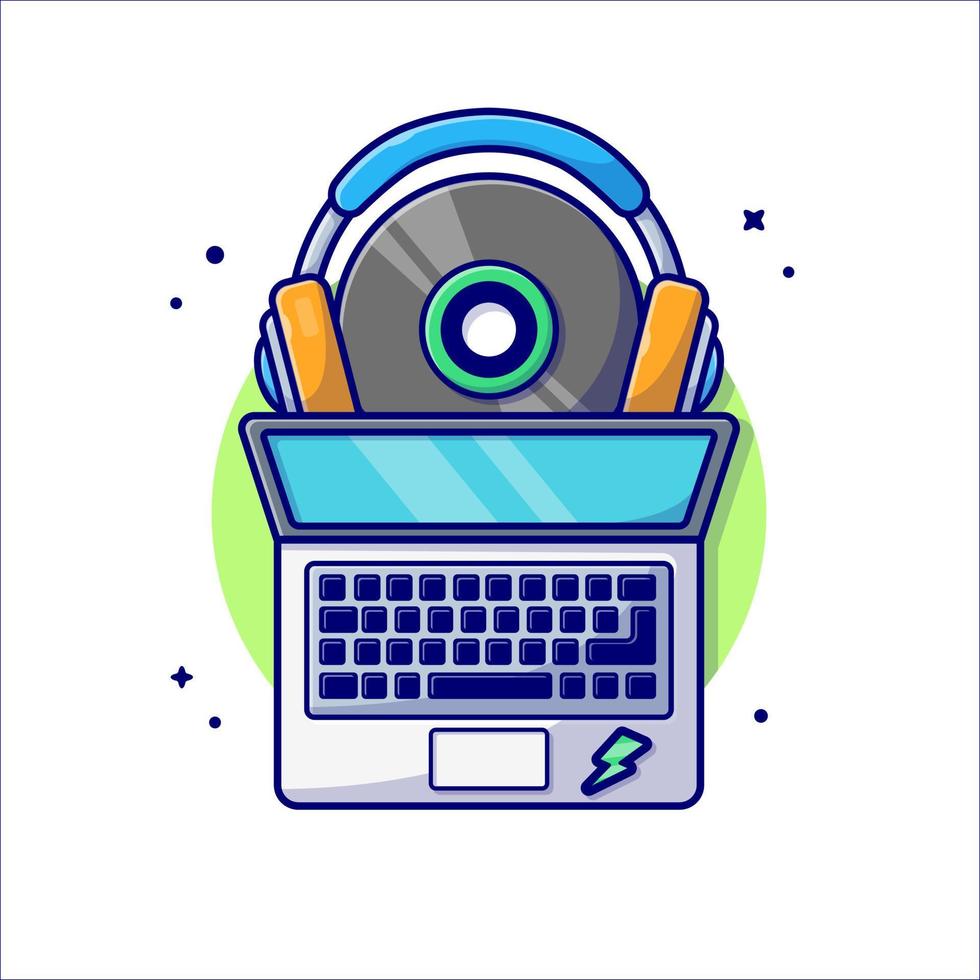 Laptop with Vinyl and Headphones Cartoon Vector Icon  Illustration. Technology Art Icon Concept Isolated Premium  Vector. Flat Cartoon Style