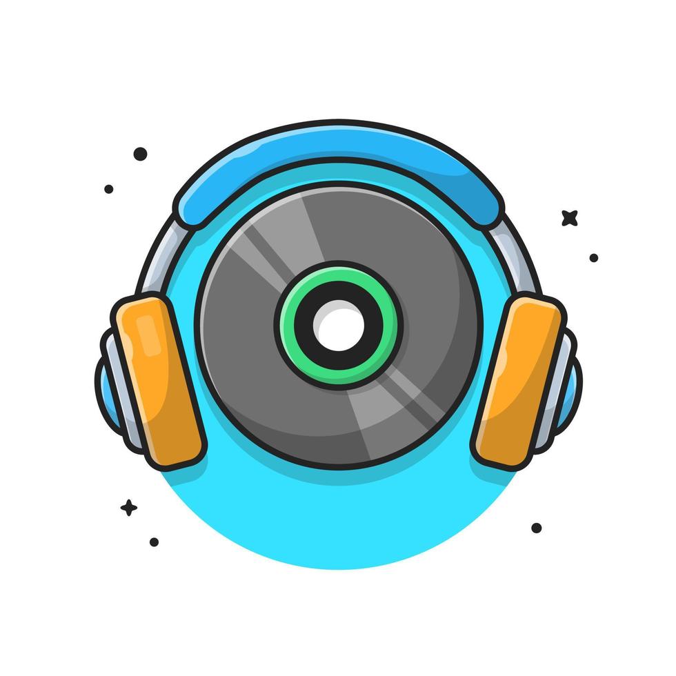 Music Vinyl with Headphones Music Cartoon Vector Icon  Illustration. Recreation Technology Icon Concept Isolated  Premium Vector. Flat Cartoon Style