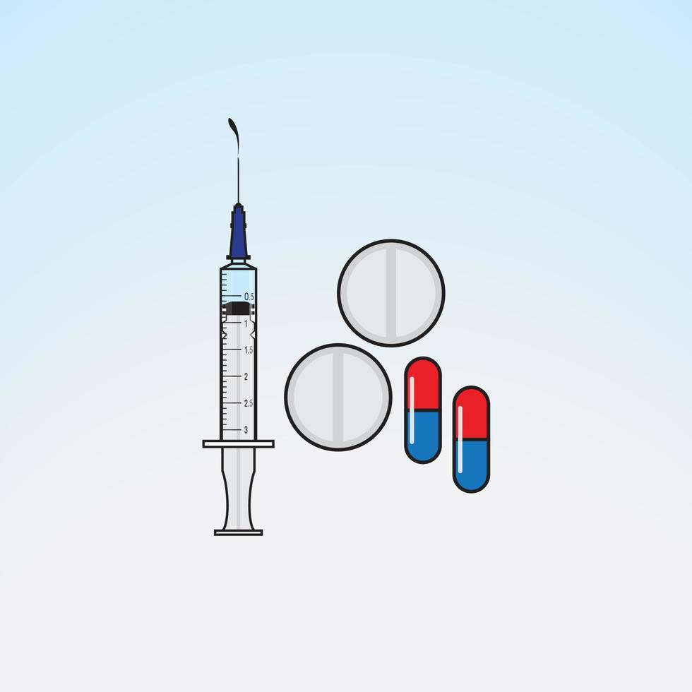 Illustration of a syringe and drugs on a light blue gradient background. vector