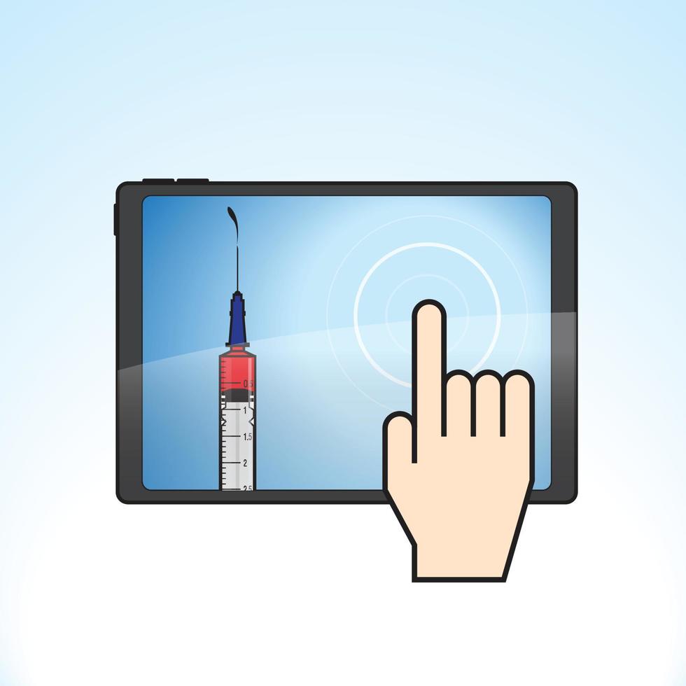 Illustration of a syringe and a Tablet computer on a light blue gradient background vector
