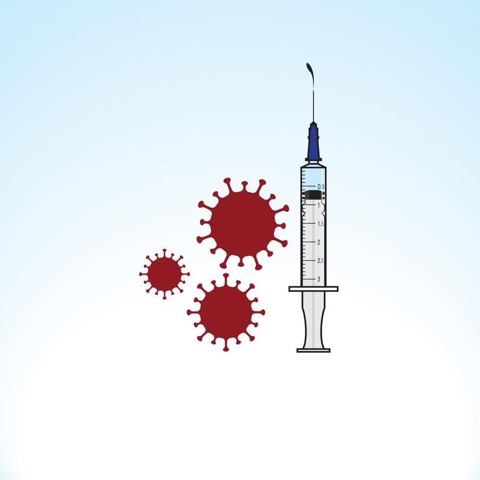 Illustration of a syringe and a virus on a light blue gradient background vector