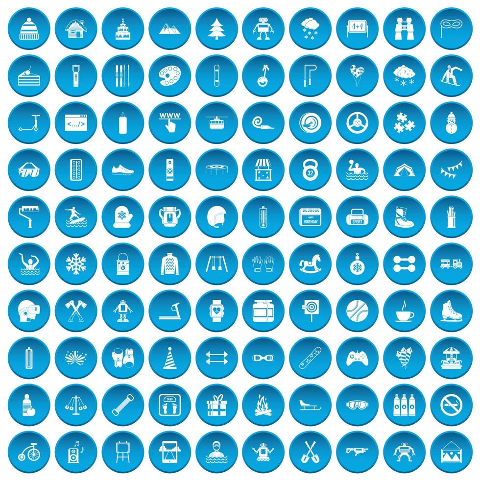 100 children activities icons set blue vector