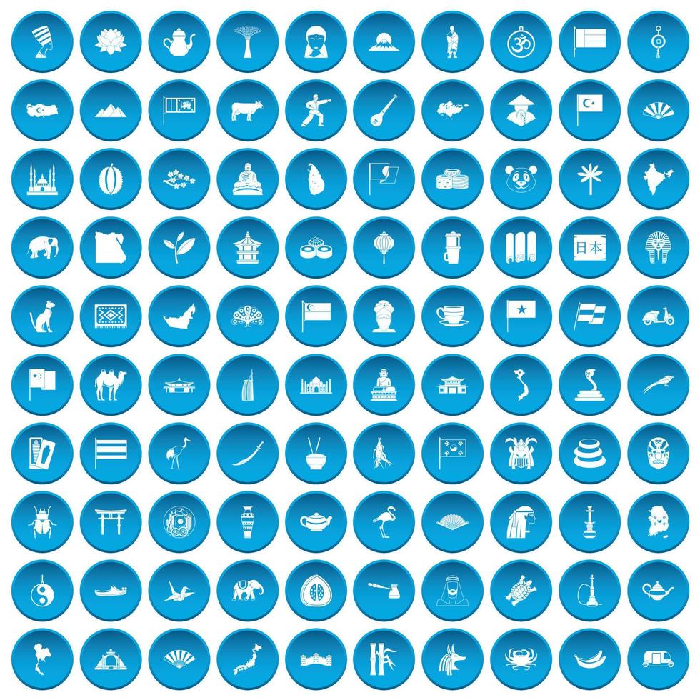 100 iconos de asia conjunto azul vector