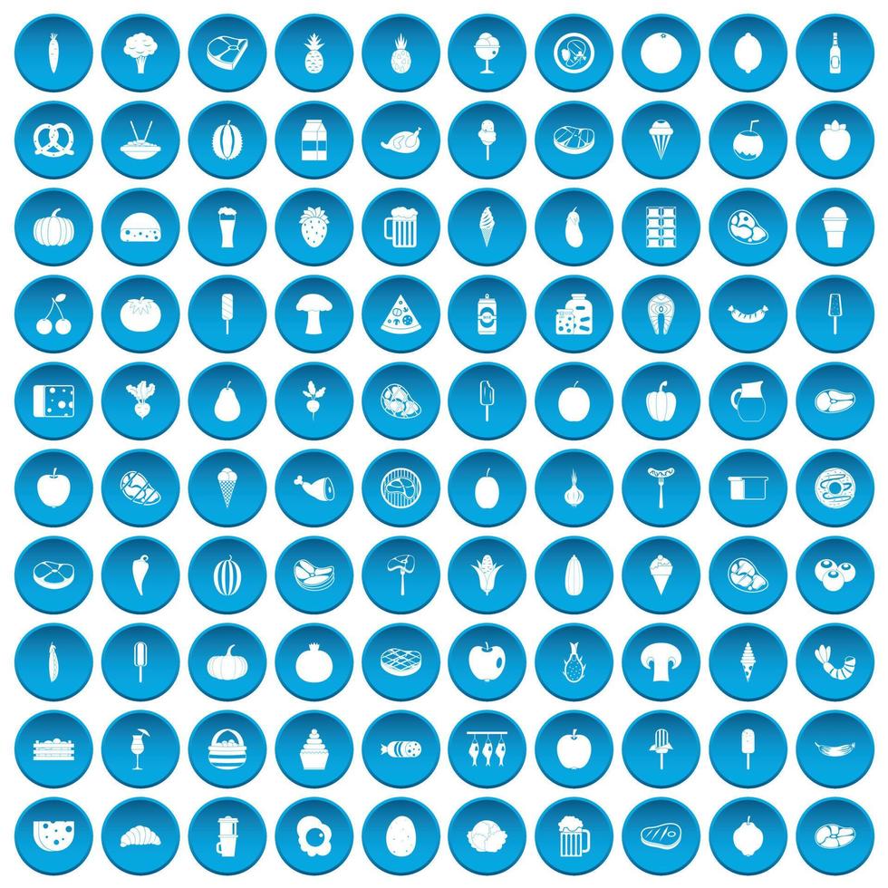 100 food icons set blue vector