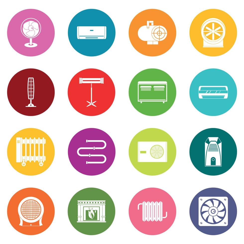 calefacción, refrigeración, aire, iconos, muchos, colores, conjunto vector