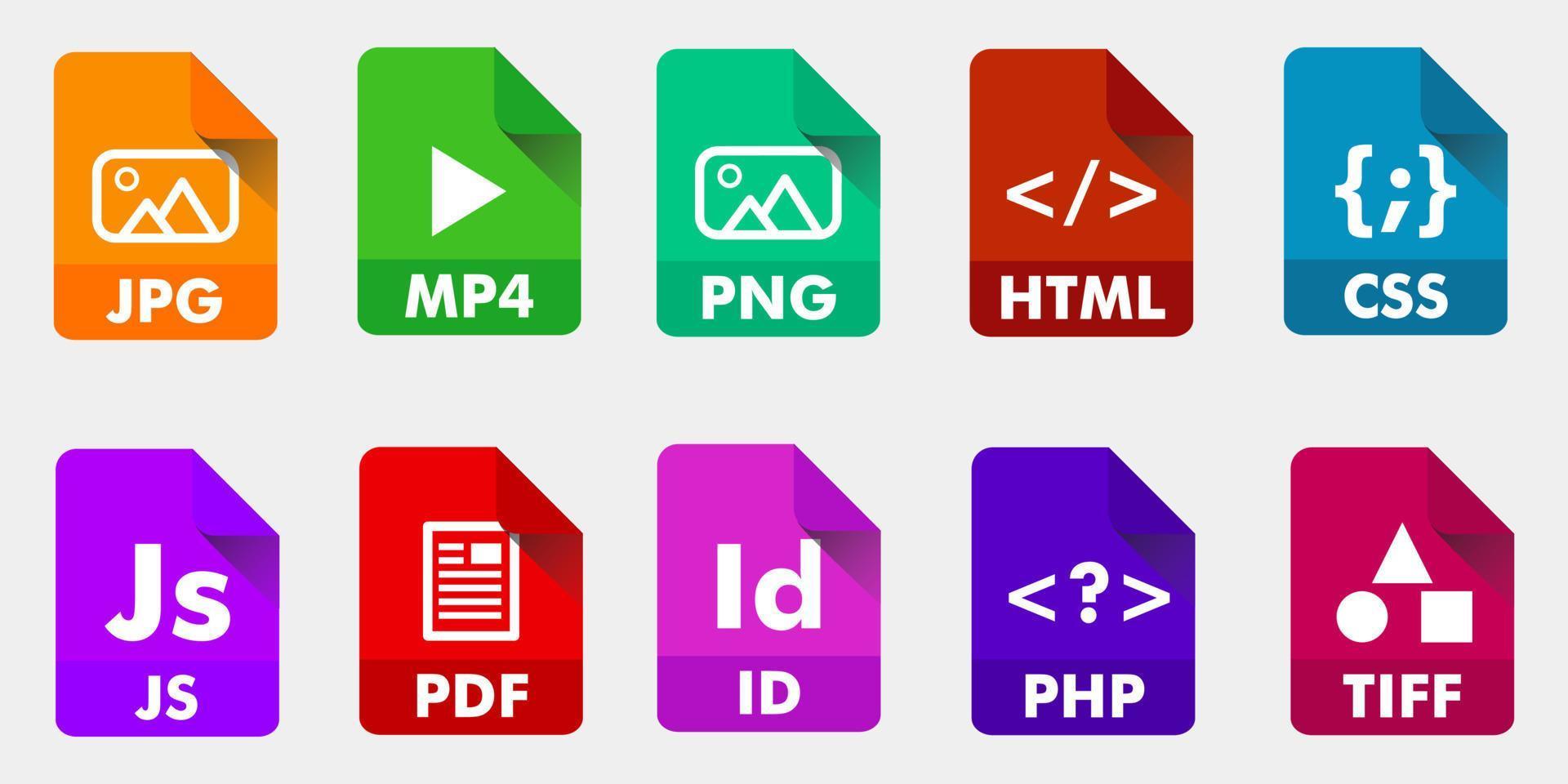 File formats icon. JPG, MP4, PNG, HTML, CSS, JS, PDF, ID, PHP and TIFF file document vector illustration.