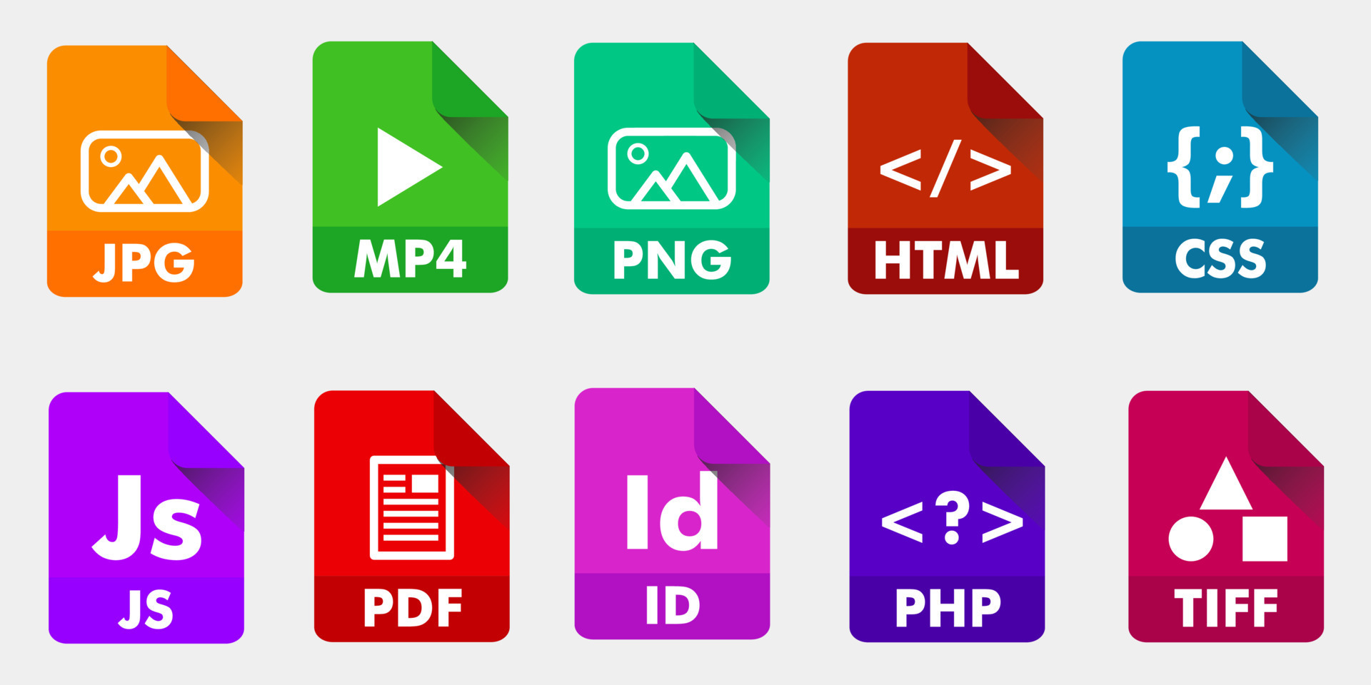 File formats icon. JPG, MP4, PNG, HTML, CSS, JS, PDF, ID, PHP and TIFF ...