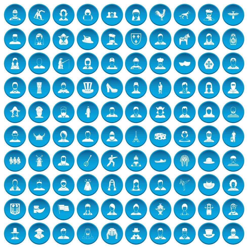 100 folk icons set blue vector