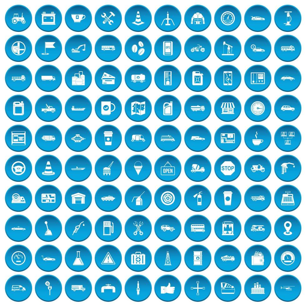 100 iconos de gasolinera azul vector