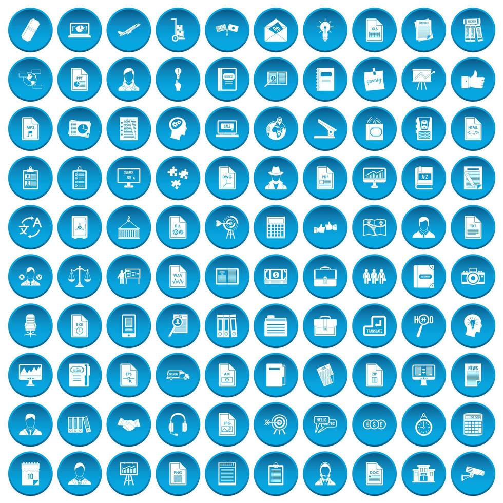 100 work paper icons set blue vector