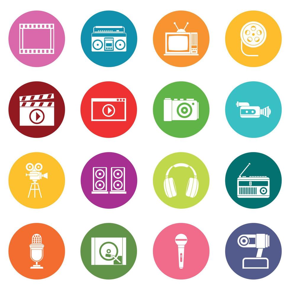 Audio and video icons many colors set vector