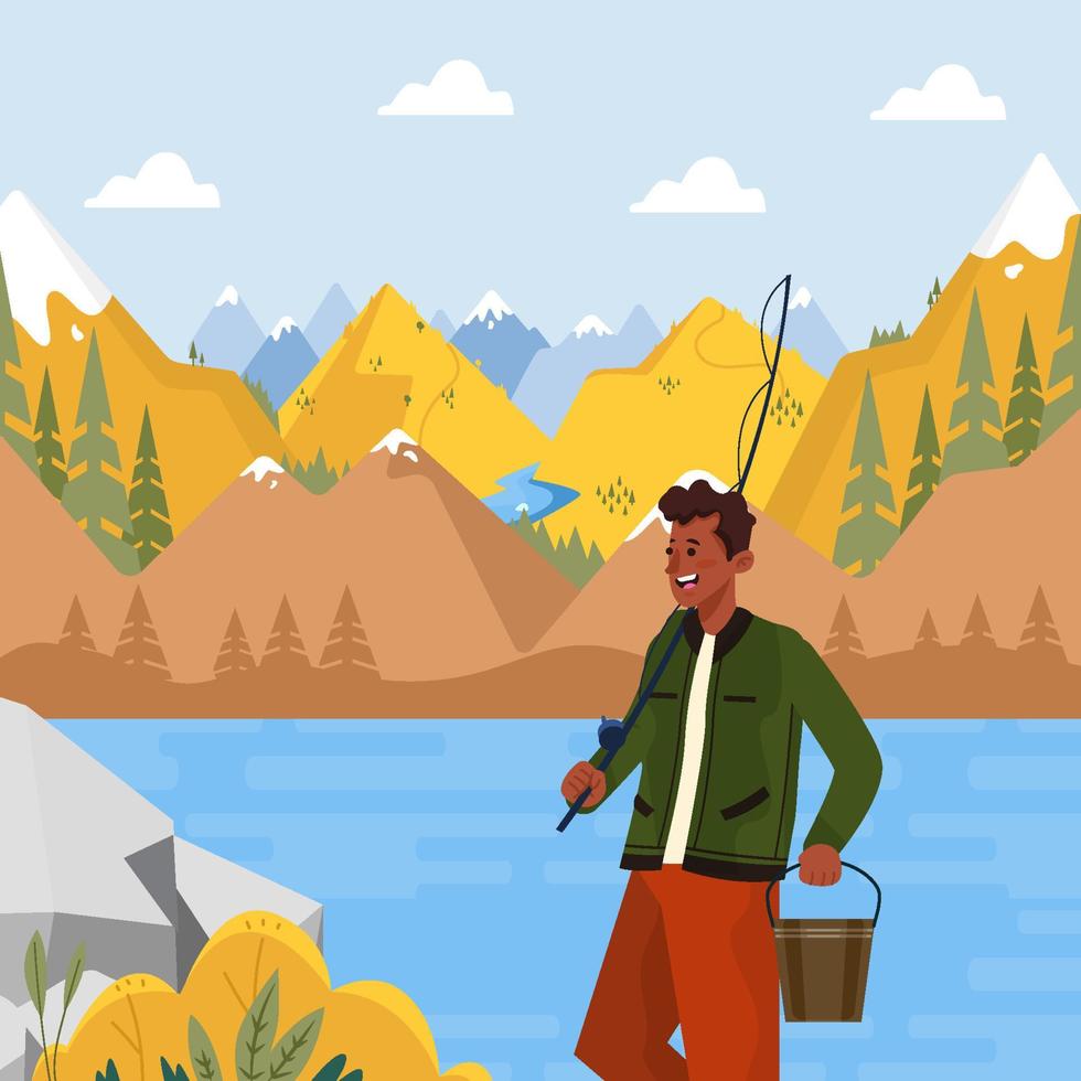 Fisherman Going Fishing at Fall Season Concept vector