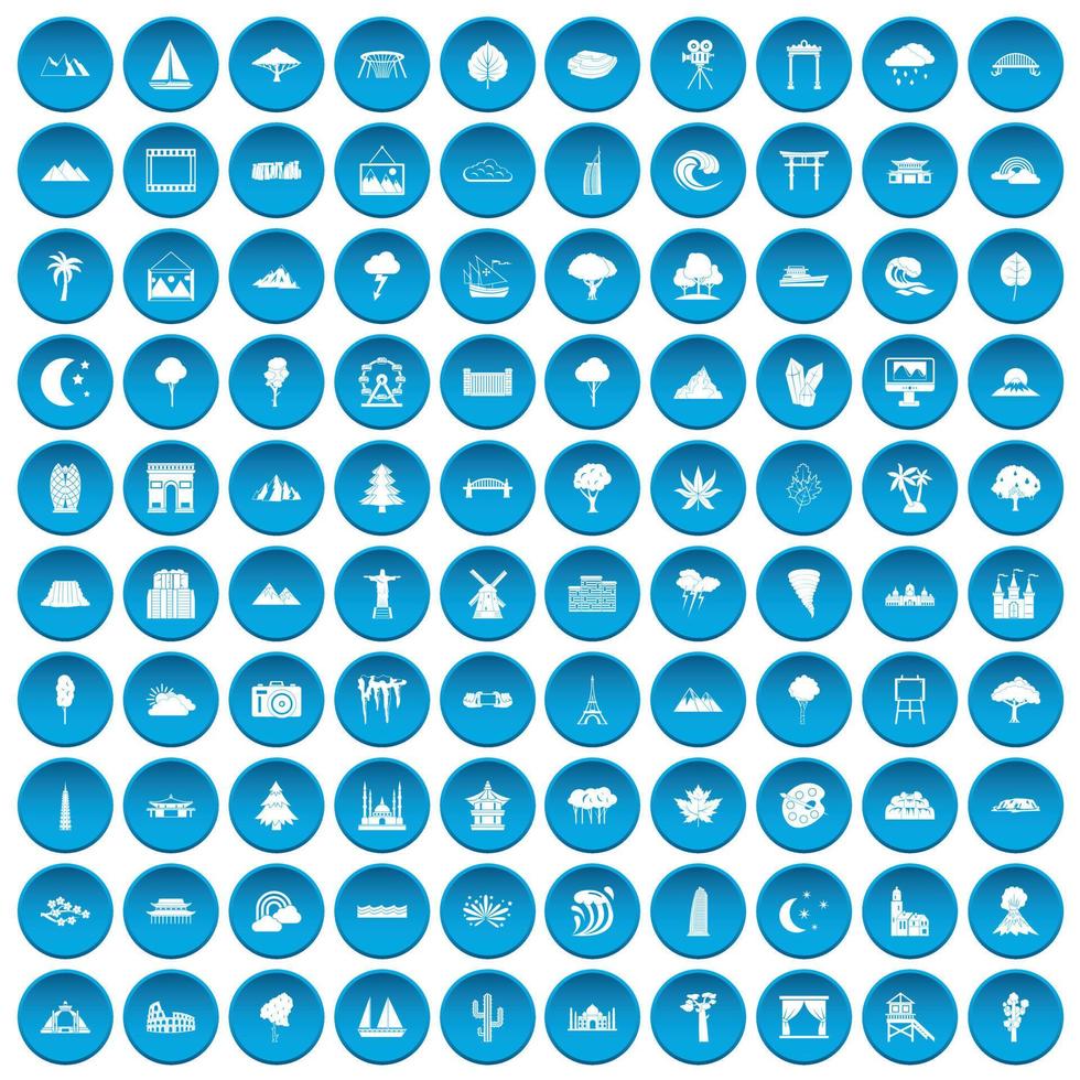 100 ver iconos conjunto azul vector