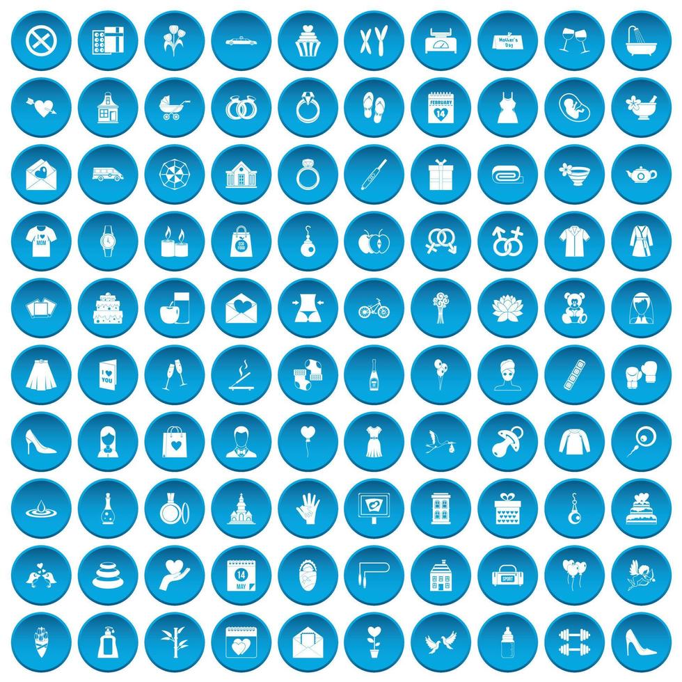 100 mujer feliz iconos conjunto azul vector