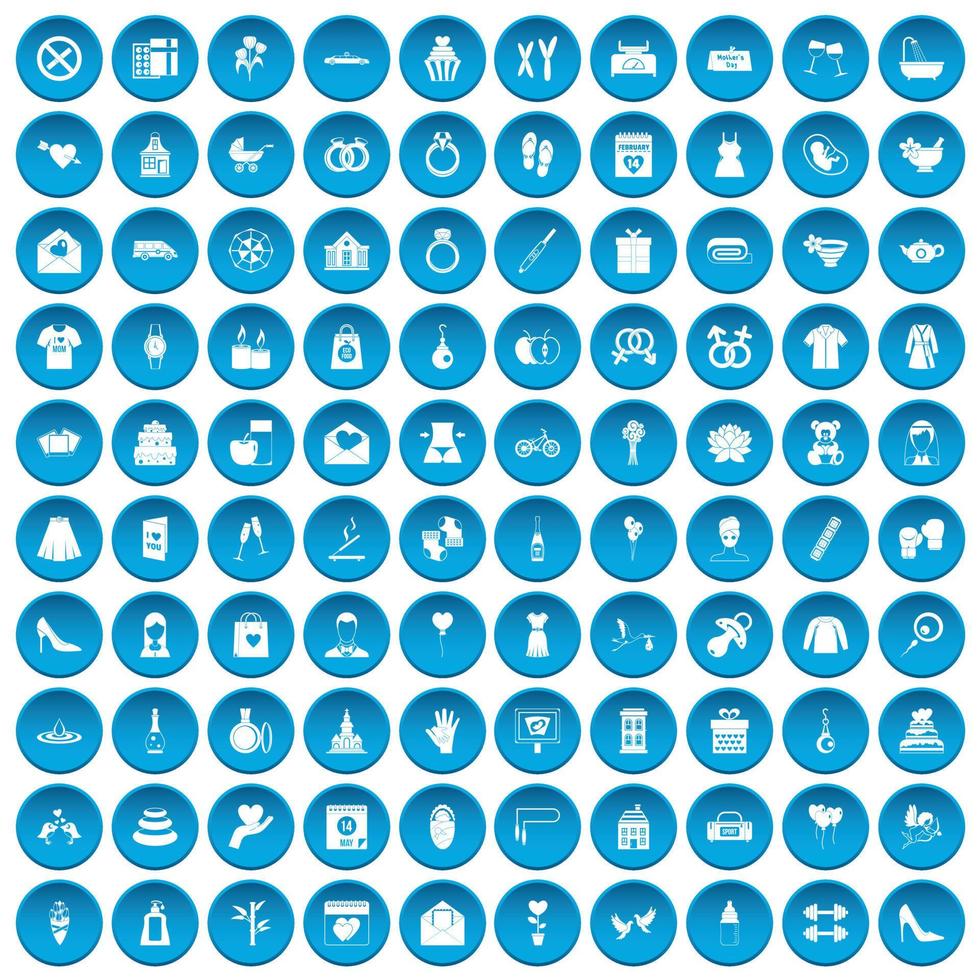 100 woman happy icons set blue vector