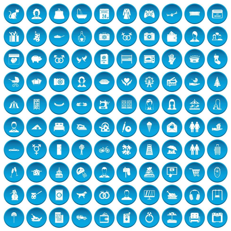 100 family icons set blue vector