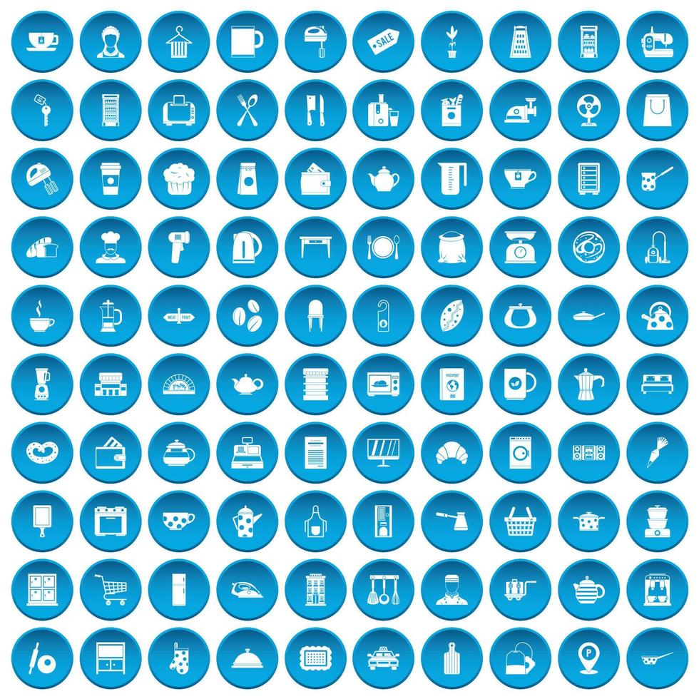 100 kitchen utensils icons set blue vector