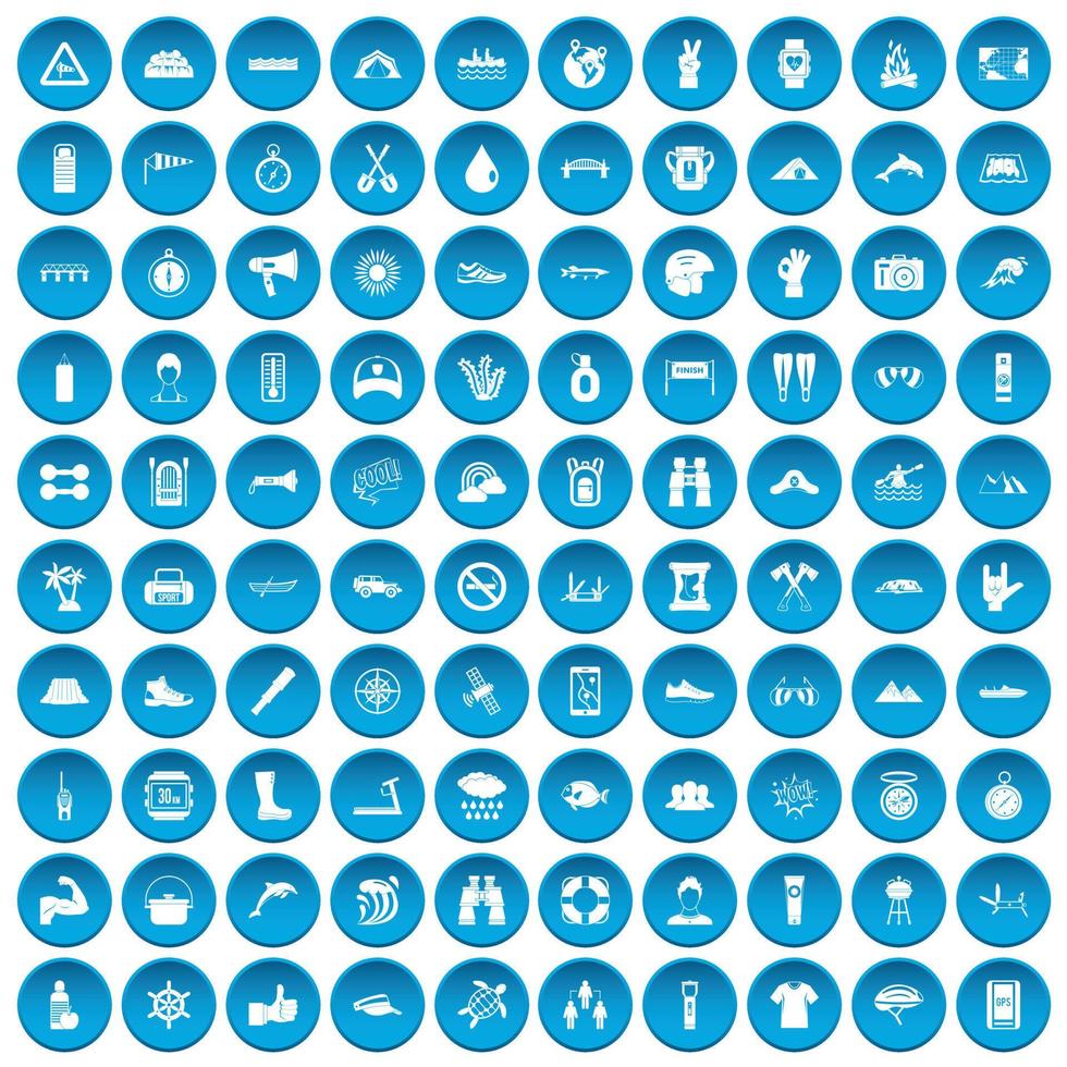 100 rafting icons set blue vector