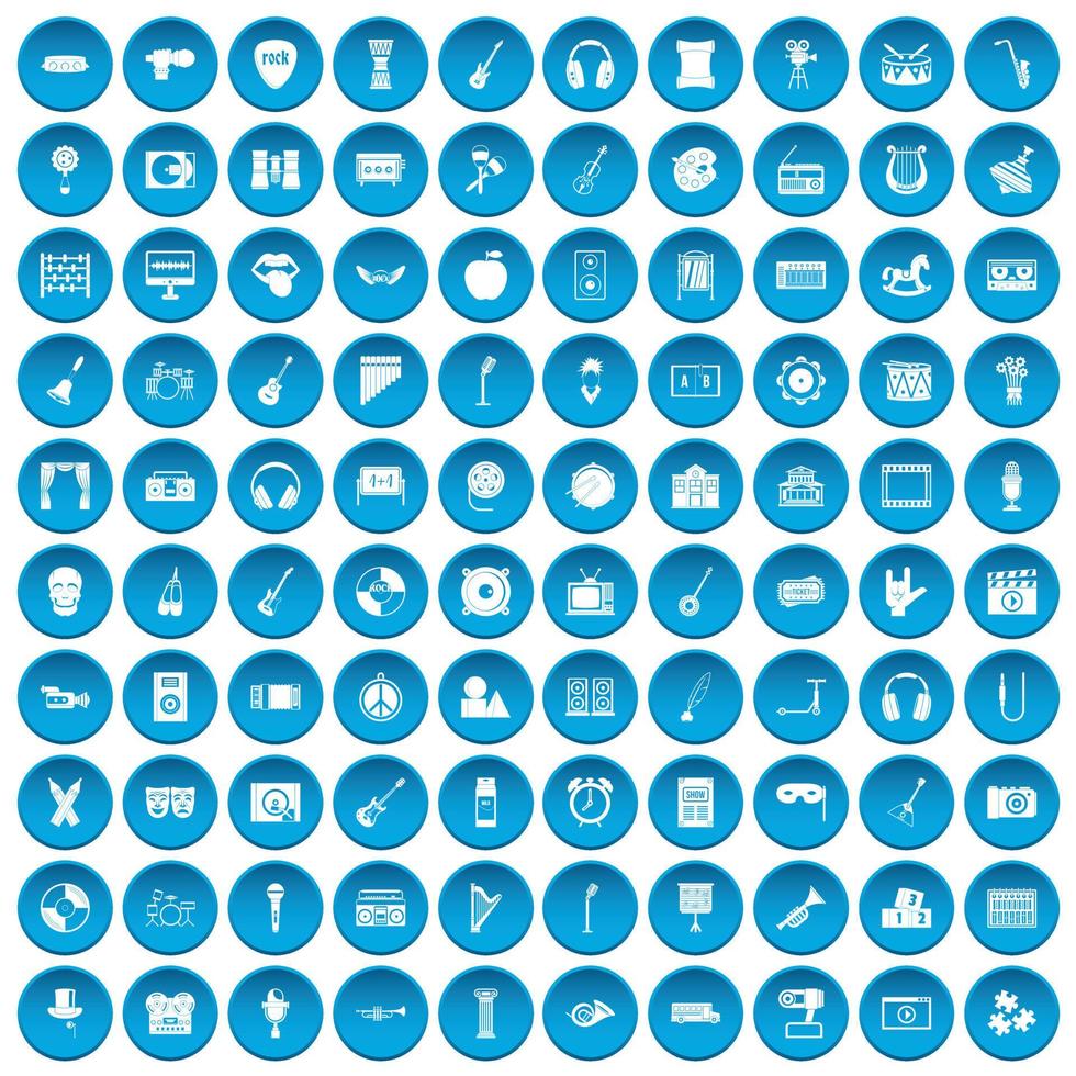 100 musical education icons set blue vector