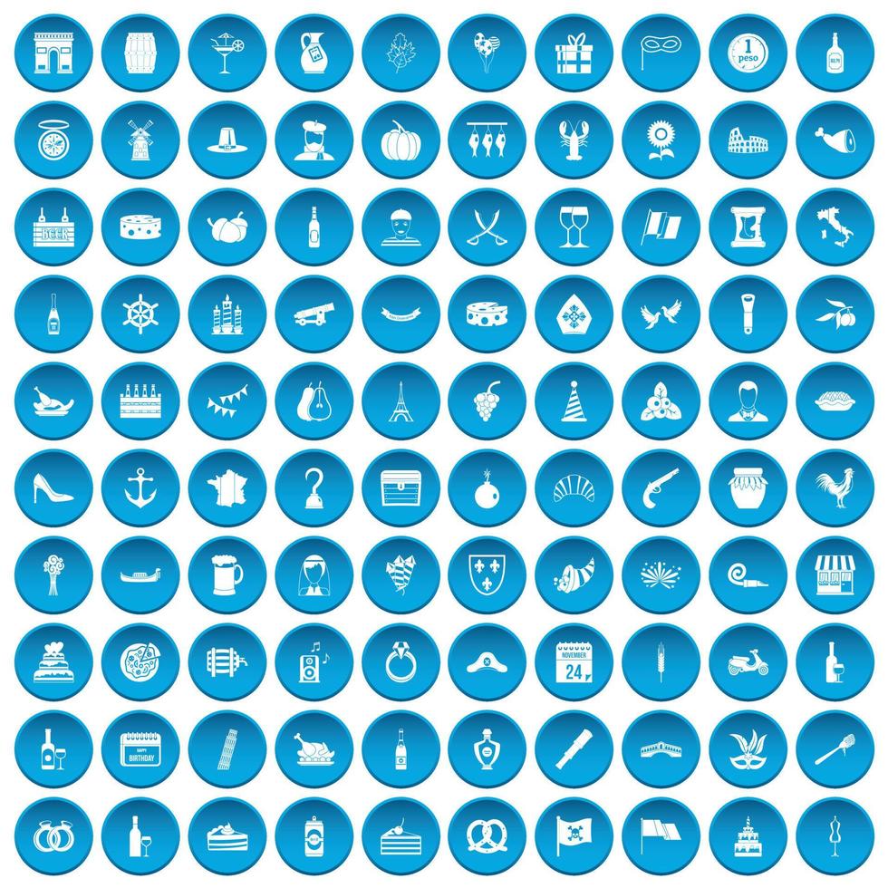 100 iconos de alcohol set azul vector