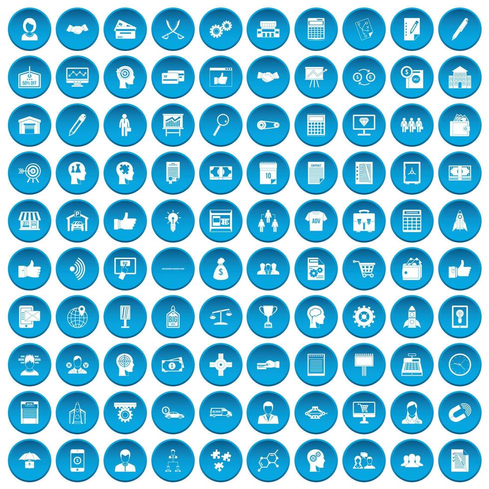 100 business strategy icons set blue vector