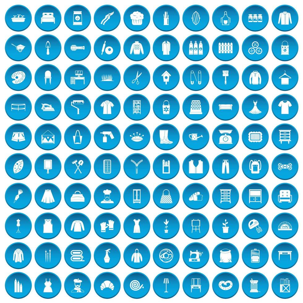 100 iconos de costura conjunto azul vector