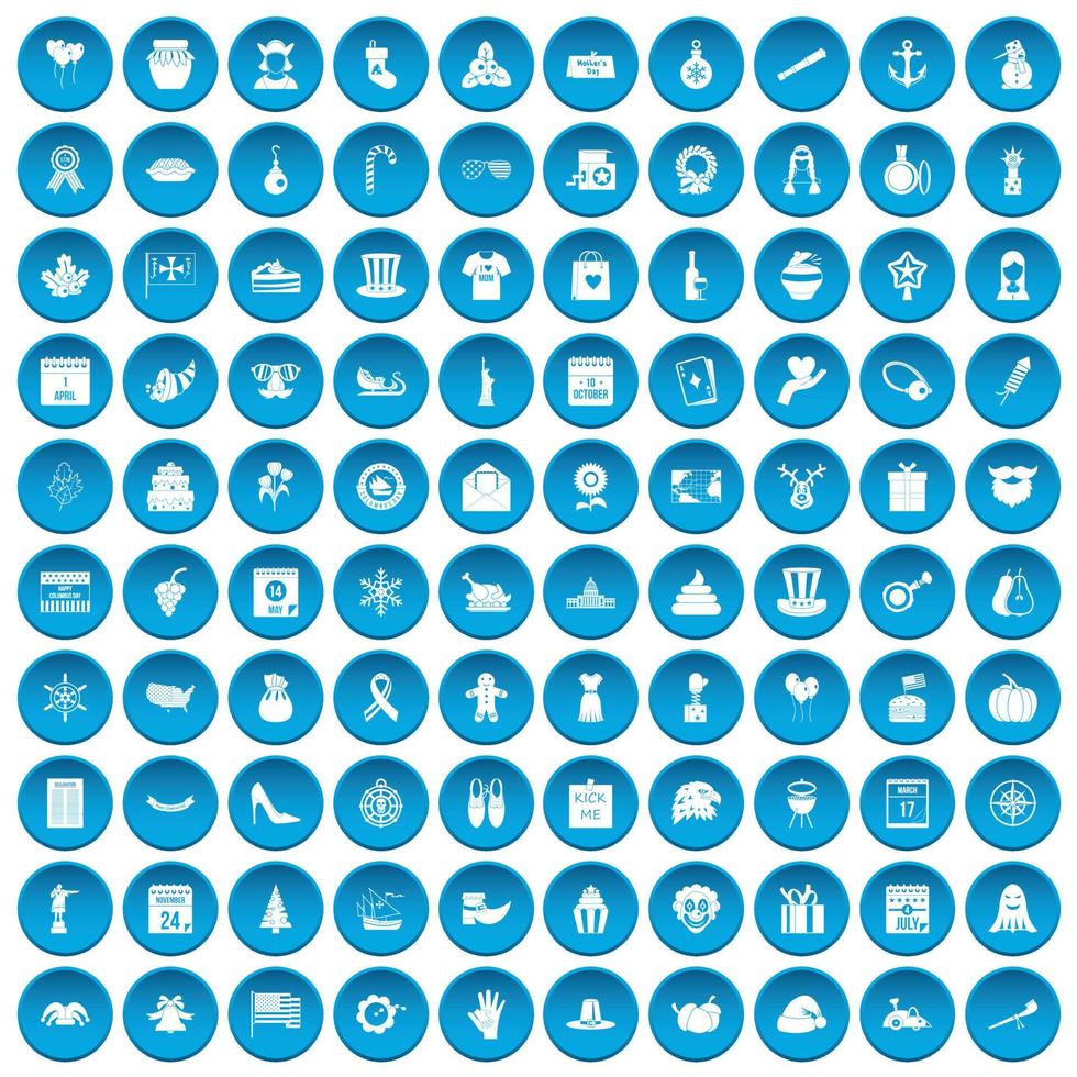 100 national holiday icons set blue vector