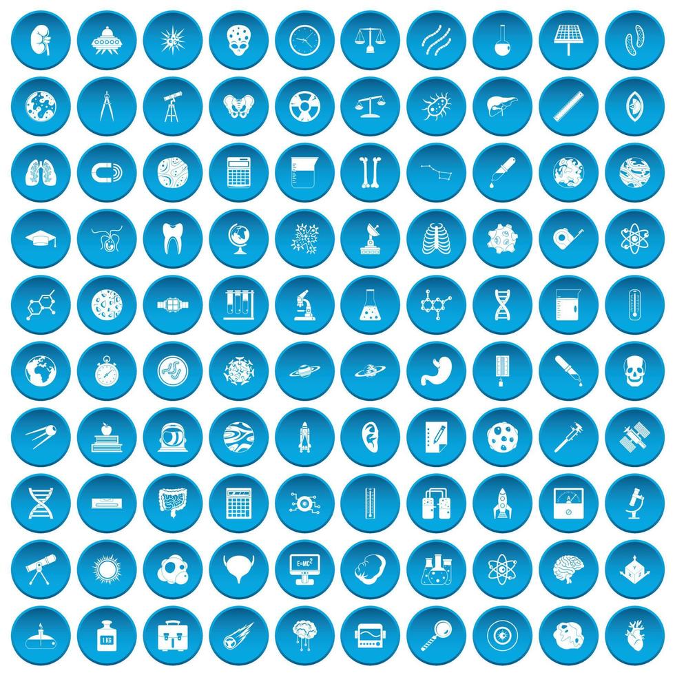 100 iconos de ciencia conjunto azul vector