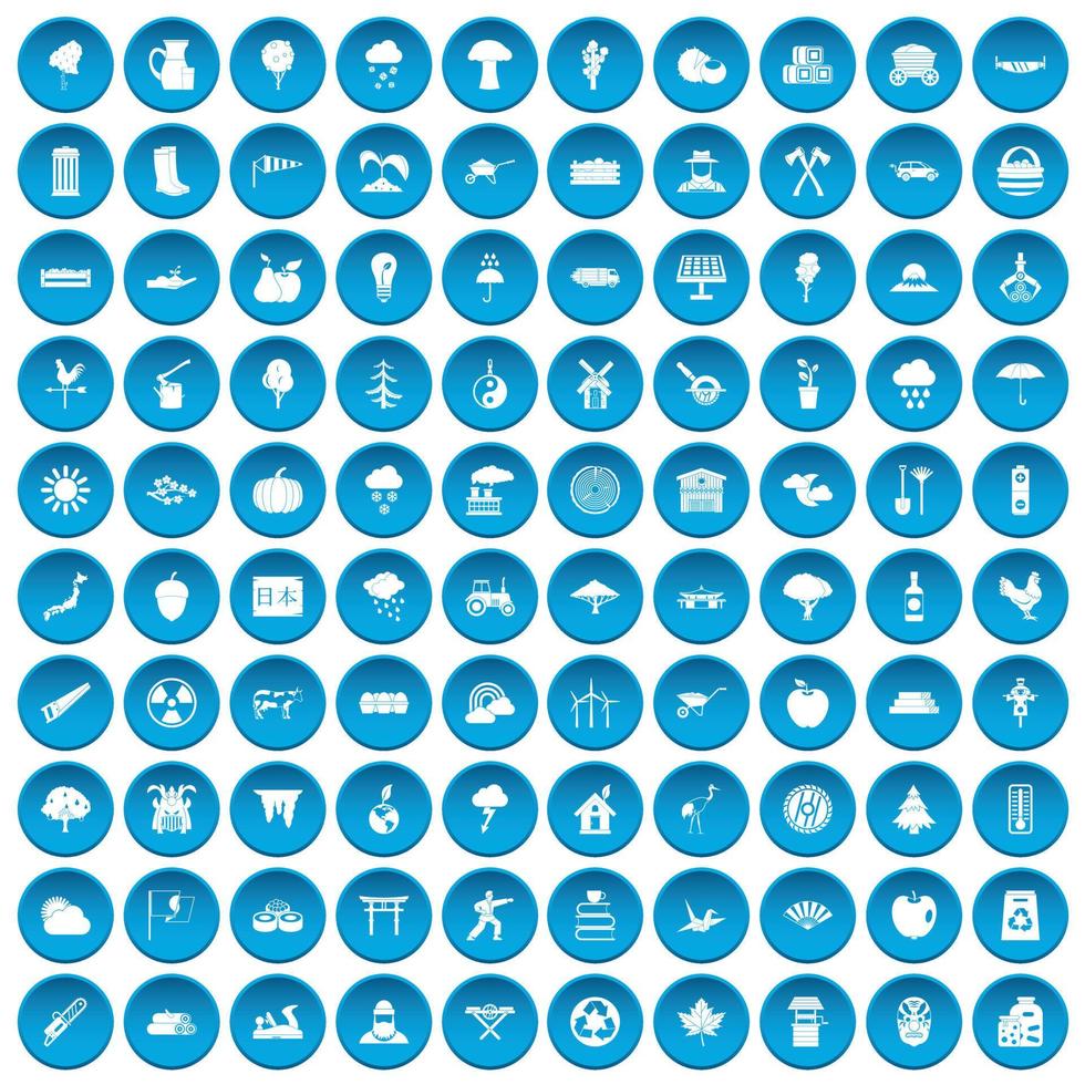 100 iconos de árbol conjunto azul vector