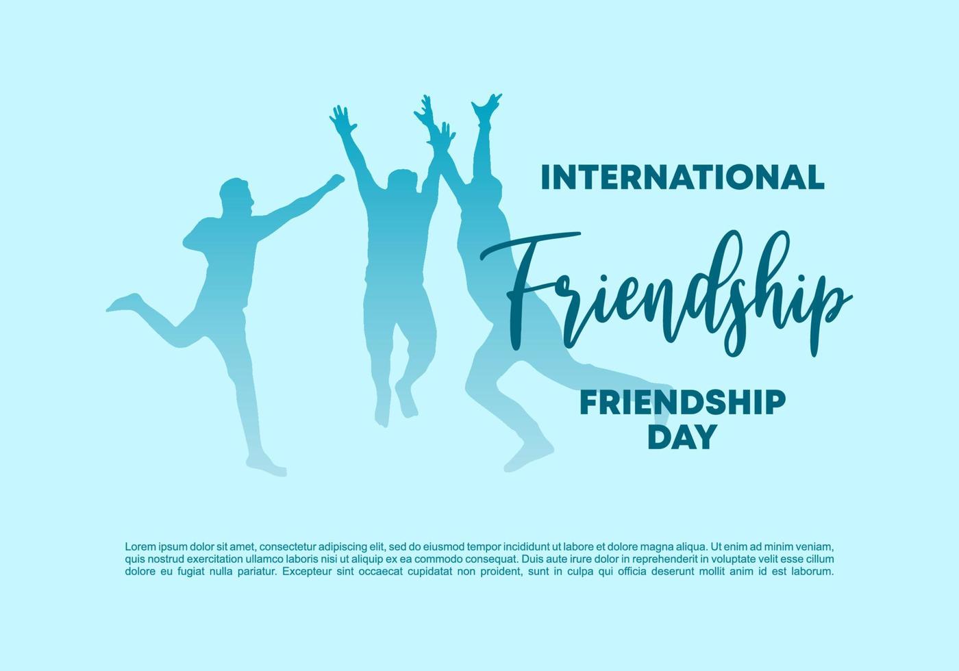 International friendship day background banner poster with three happy people isolated on blue background. vector