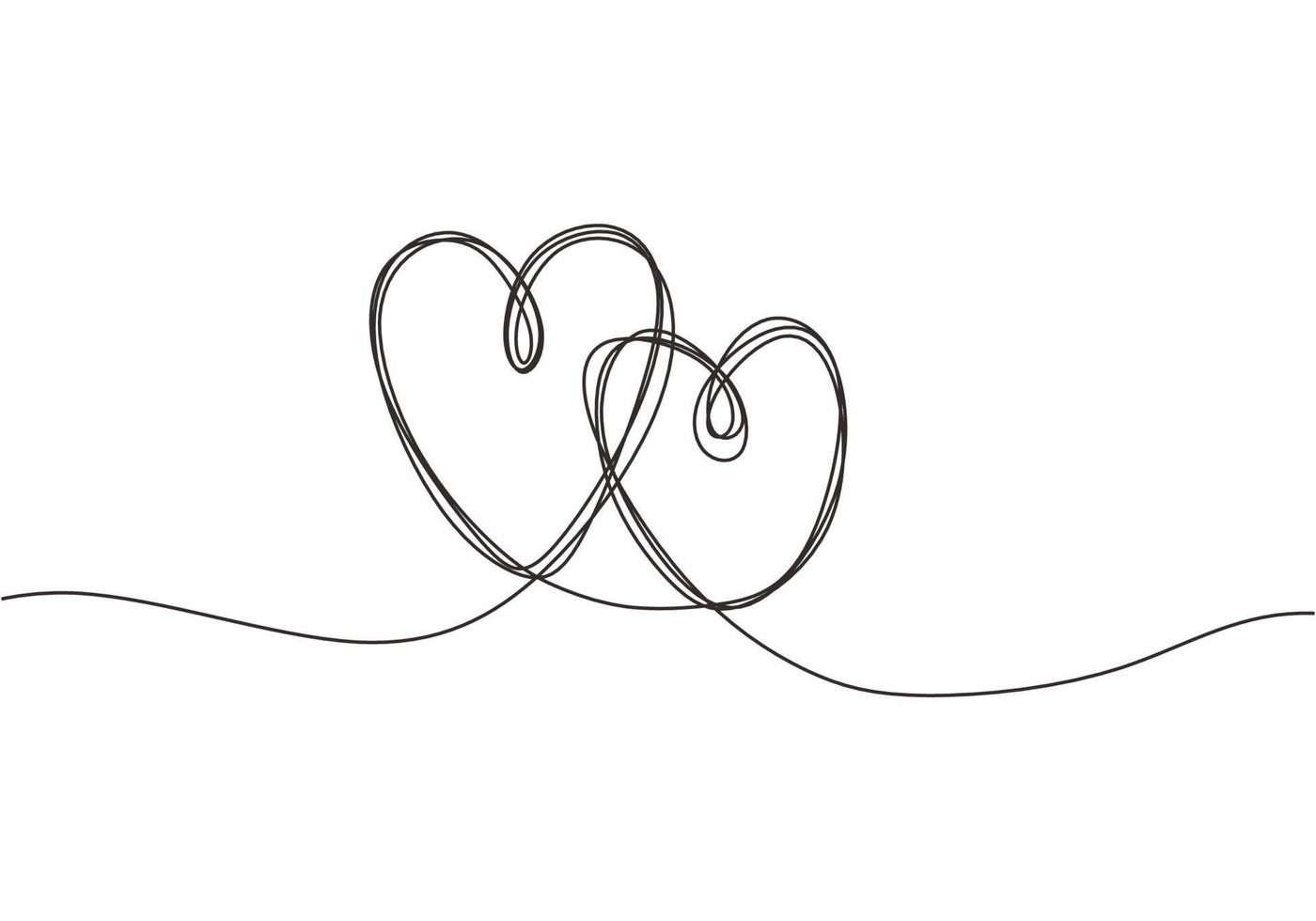 dibujo de línea continua de signo de amor con dos corazones abrazar garabato de diseño minimalista vector