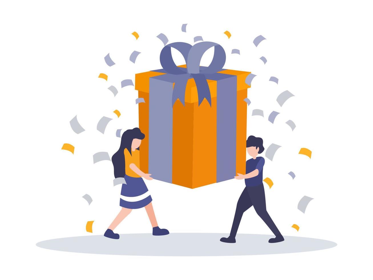 online reward , Group of happy people receive a gift box vector illustration concept. Flat digital vector illustration. Young man and woman lifting and raising up a big gift as Referral program