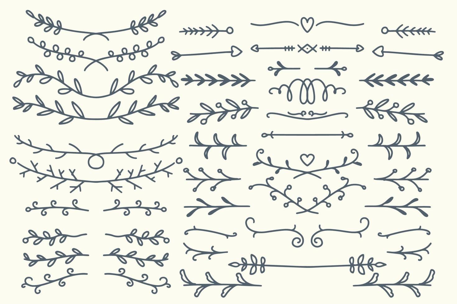 Thirty Hand drawn vector dividers. Lines, borders and laurels set