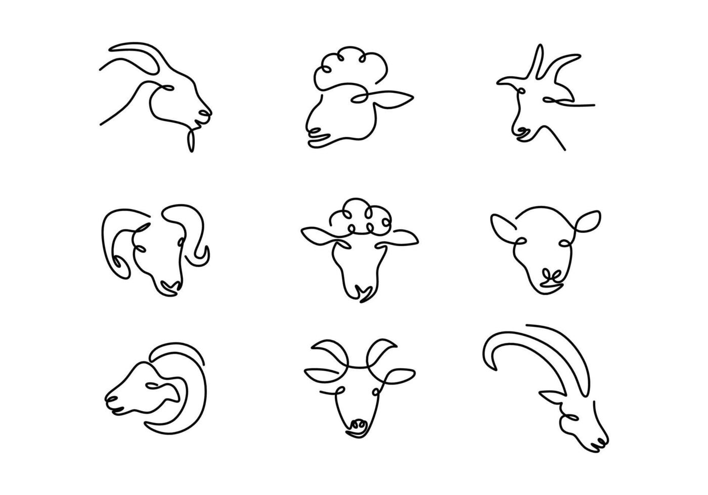 One continuous single line hand drawing of nine goat sheep heads vector